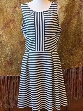 attention Black and White Striped Sleeveless Fit-and-Flare Midi Dress